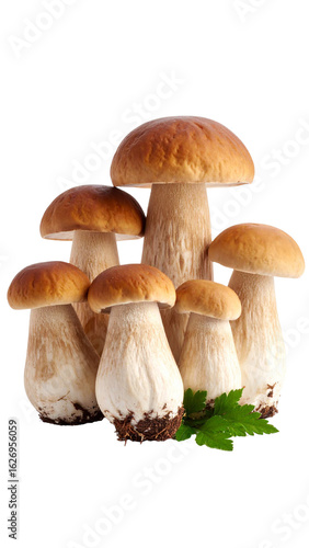 Penny bun mushrooms showing their stems and roots on transparent background