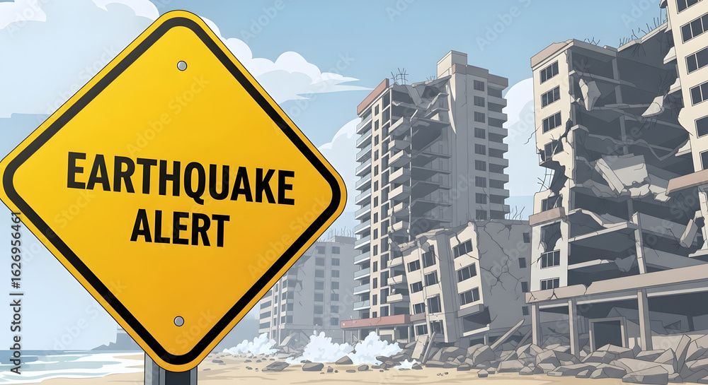 Obraz premium Earthquake Alert Sign with Damaged Buildings - Coastal Devastation