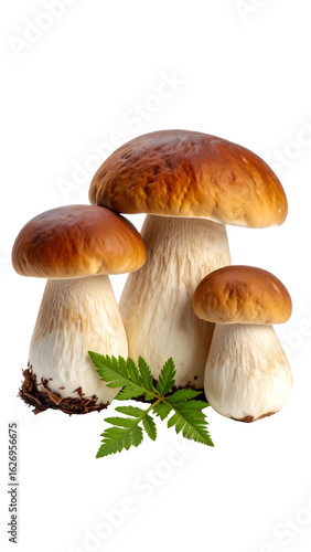 Three penny bun mushrooms with fern on transparent background