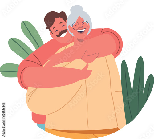 Elderly mom adult son hugs
