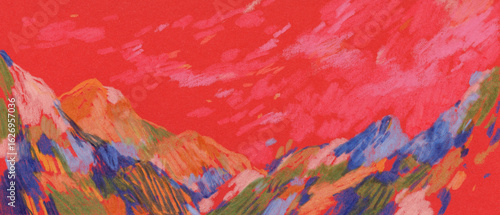 Colourful hand painted landscape. Colored pencils on paper. Versatile artistic image for creative design projects: posters, banners, websites, cards, prints, wallpapers. Artist-made art.