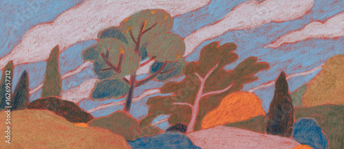 Abstract hand painted landscape. Colored pencils on paper. Versatile artistic image for creative design projects: posters, banners, websites, cards, prints, wallpapers. Artist-made art.