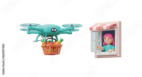 Drone delivering groceries to woman at home window in cute 3d style