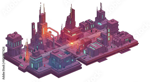 Futuristic isometric cityscape with neon glows and modern architecture