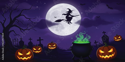 A captivating Halloween scene featuring a witch flying on a broomstick over a graveyard at night.
