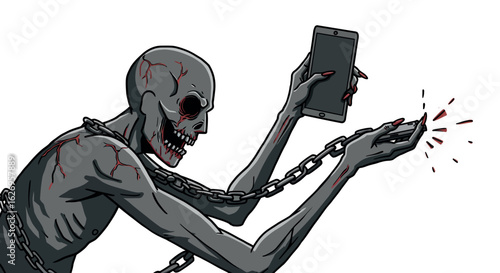 Dark skeleton in chains holding a tablet with intense expression