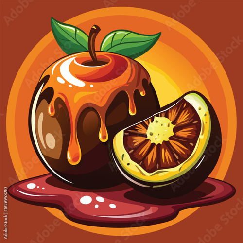 Delicious Chocolate Covered Apple with Caramel Drizzle and Apple Slice Illustration