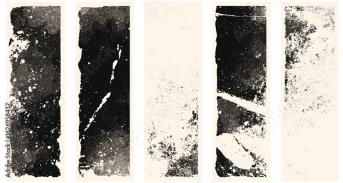 Grunge frame overlay with distressed ink stamp, ripped paper background, torn filter effect, paint brush strokes, dust and grain textures, retro banner silhouette, splash art, vintage collage