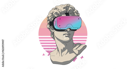 Classical sculpture with vr headset and retro futuristic aesthetics