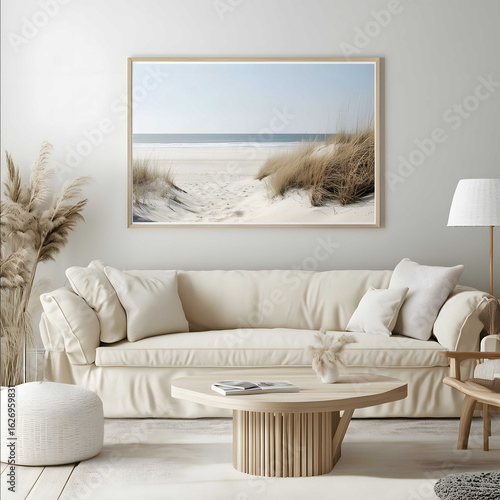 create an empty horizontal oriented frame rectangle mockup in oak wood placed in a light colored living room the living room has a couch and a coffee table the room