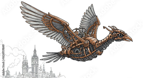 Steampunk mechanical bird flying over vintage cityscape