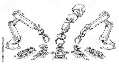 Robotic arms assembling electronics circuitry in sketch style