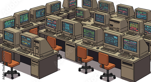 Retro computer lab with vintage monitors and keyboards in isometric style
