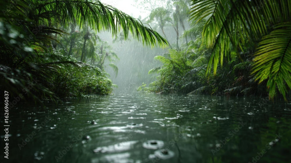 Fototapeta premium Lush green jungle with dense palm leaves and a calm river surface rippling under steady rain, creating a serene natural atmosphere.