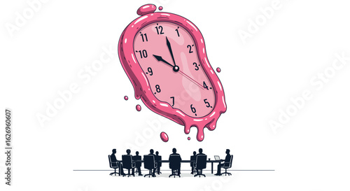 Surreal melting clock dripping over business meeting silhouette