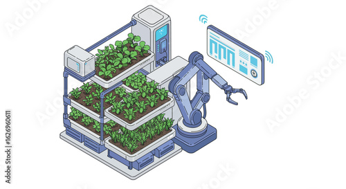Futuristic farming with robotics and smart technology in isometric style