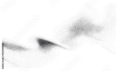 Flowing stipple waves in a grainy textured monochrome background with digital spray and particle gradation. Vector illustration featuring distressed overlay, grunge powder effect