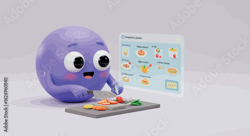Cute purple character cooking with virtual recipe guide in 3d cartoon style