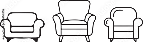 Three black outline armchairs on white background furniture