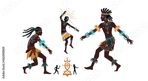 Tribal guardians with futuristic energy shields in dynamic cartoon style