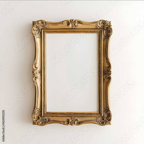 create horizontal blank 32 dark gold frame in vintage style on mockup on white wall close up perspective