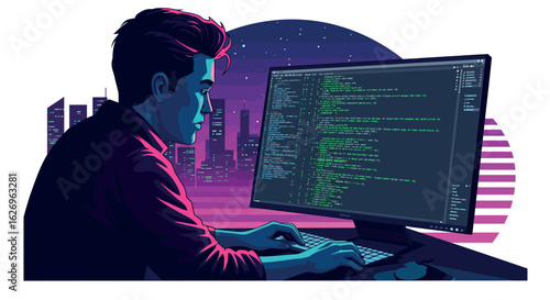 Nighttime coder in neon urban setting with modern computer interface
