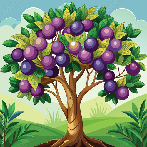 Cartoon Illustration of a Plum Tree Full of Ripe Fruit in Nature