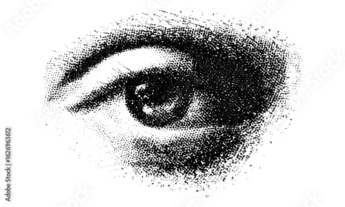 Surreal gothic angry eye in vintage photocopy style with halftone stipple effect, punk Y2K collage vector for grunge posters or banners, retro texture, dot pointillism, sticker, bitmap grain