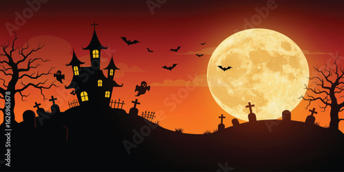 Spooky Halloween Scene with Haunted Mansion and Graveyard under Full Moon