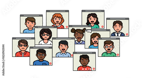 Diverse people in video call interface with retro pixel art style