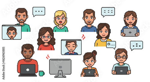 Pixel art video conference call with diverse participants and laptops
