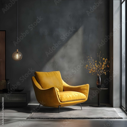 Una sala de estar elegante y moderna con una pared de color gris suave sin decoracion creando una atmosfera minimalista Un sillon de cuero amarillo mostaza se encuen