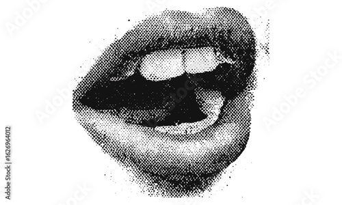 Vintage grunge scream mouth with halftone stipple effect in brutalist retro style vector, ideal for punk collage design, 90s y2k aesthetics, textured banner, artistic dots pattern, music poster