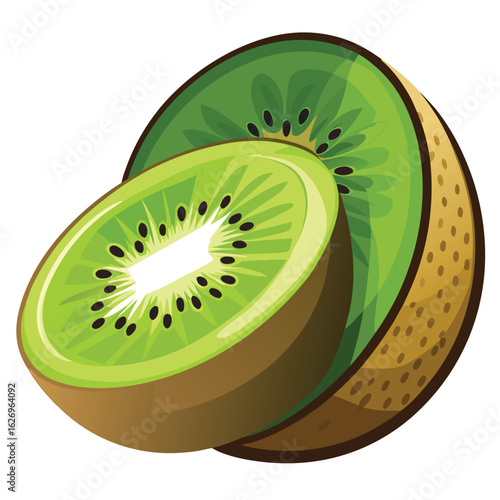 Illustration of Two Sliced Kiwi Fruits with Green Flesh and Black Seeds