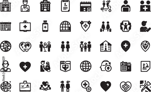 Healthcare and Medical Solid Icons Set - Hospital, Doctor, Health, and Community Care Symbols