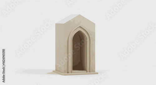 A solitary beige stone alcove featuring a classic pointed arch design, presented as a minimalist 3D model on a white background