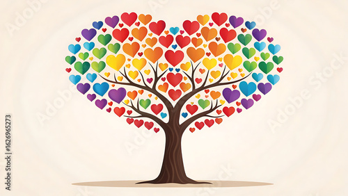 Vibrant rainbow heart tree symbolizing love diversity unity and growth with a strong trunk and spreading branches against a light background