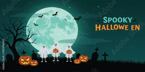 A vibrant Halloween-themed image featuring three ghosts holding pumpkins, set against a night sky with a large, glowing moon, spooky silhouettes of trees and gravestones, and bats.