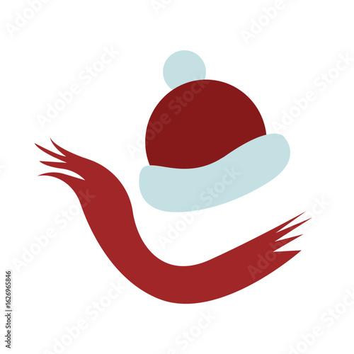 Warm winter wool hat with a pompom and red knitted winter scarf in flat style. Doodle cartoon style. Winter hat with bubo, winter clothes. Simple, flat vector illustration for winter sports, active