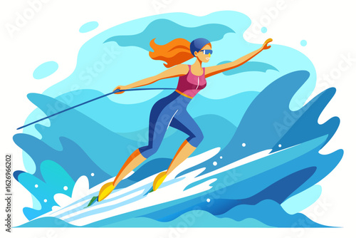 Woman water skiing in vibrant blue waves, arms outstretched, showcasing dynamic movement and energy in a flat cartoon illustration with splash effects and bright colors