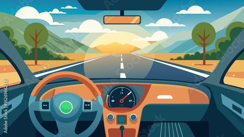Car interior POV with wheel, dashboard view showcasing scenic road ahead, vibrant landscape, and clear skies, perfect for travel and adventure themes