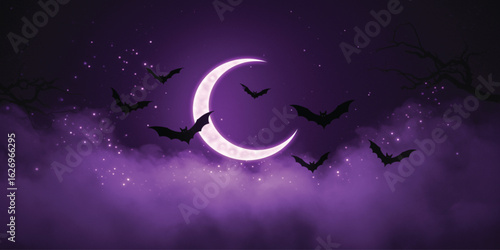 A captivating Halloween-themed image featuring a purple night sky filled with glowing stars and wispy clouds.