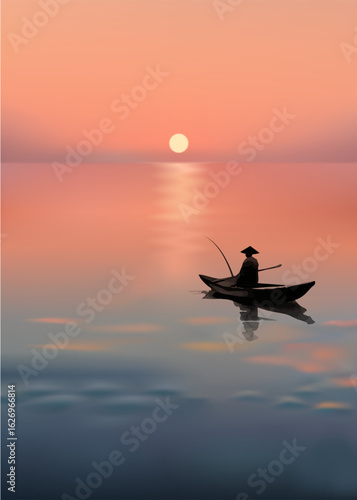 Vertical poster with red dramatic sunset and silhouette of fisherman on lake water.