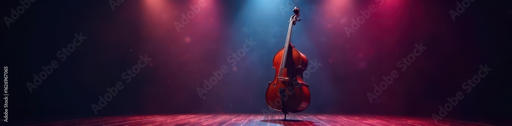 Fototapeta premium Large, upright double bass on stage, spotlight shining , light, wood