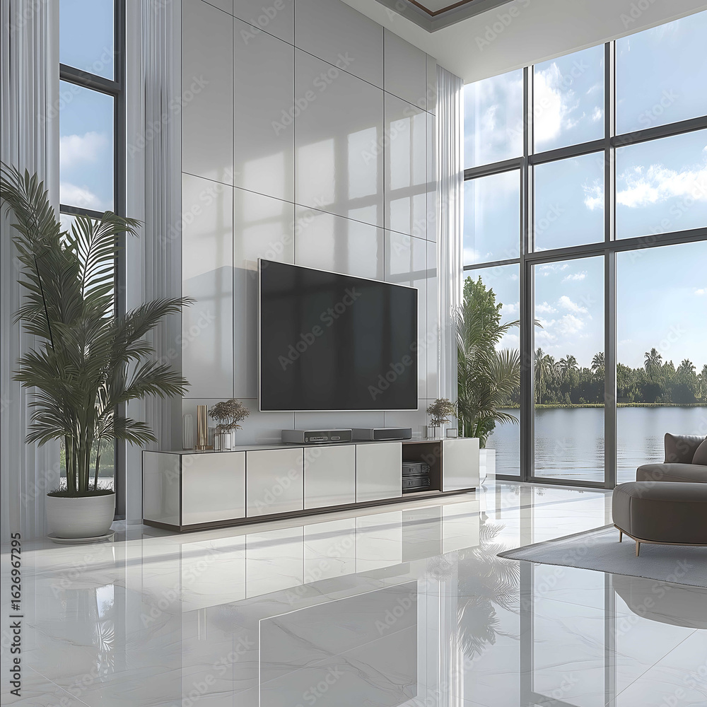 Luxury wall unit with custom storage elegantly crafted entertainment center very soft integrated lighting soft glossy finish situated in a bright Florida living roo Luxury wall unit with custom storage elegantly crafted entertainment center very soft integrated lighting soft glossy finish situated in a bright Florida living roo