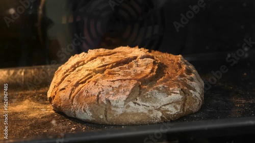 Organic bread baking in oven. Homemade fresh bread. Timelapse. Loaf is raised and baked. Baker bakes food at bakery. Food concept. Close-up in 4K, UHD