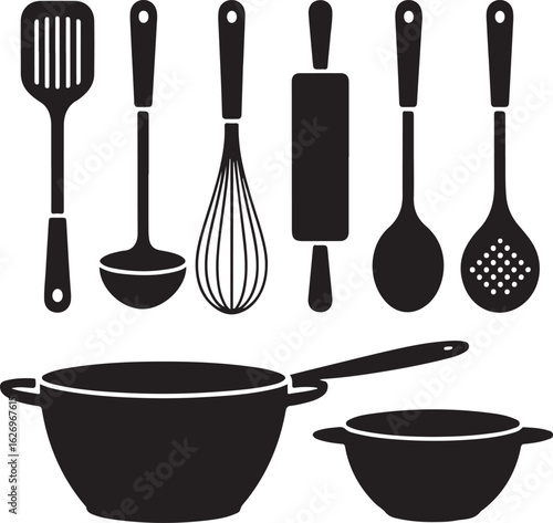 Kitchen Utensils Icons Including Spatula Ladle Whisk Rolling Pin Spoon Skimmer cooking tools