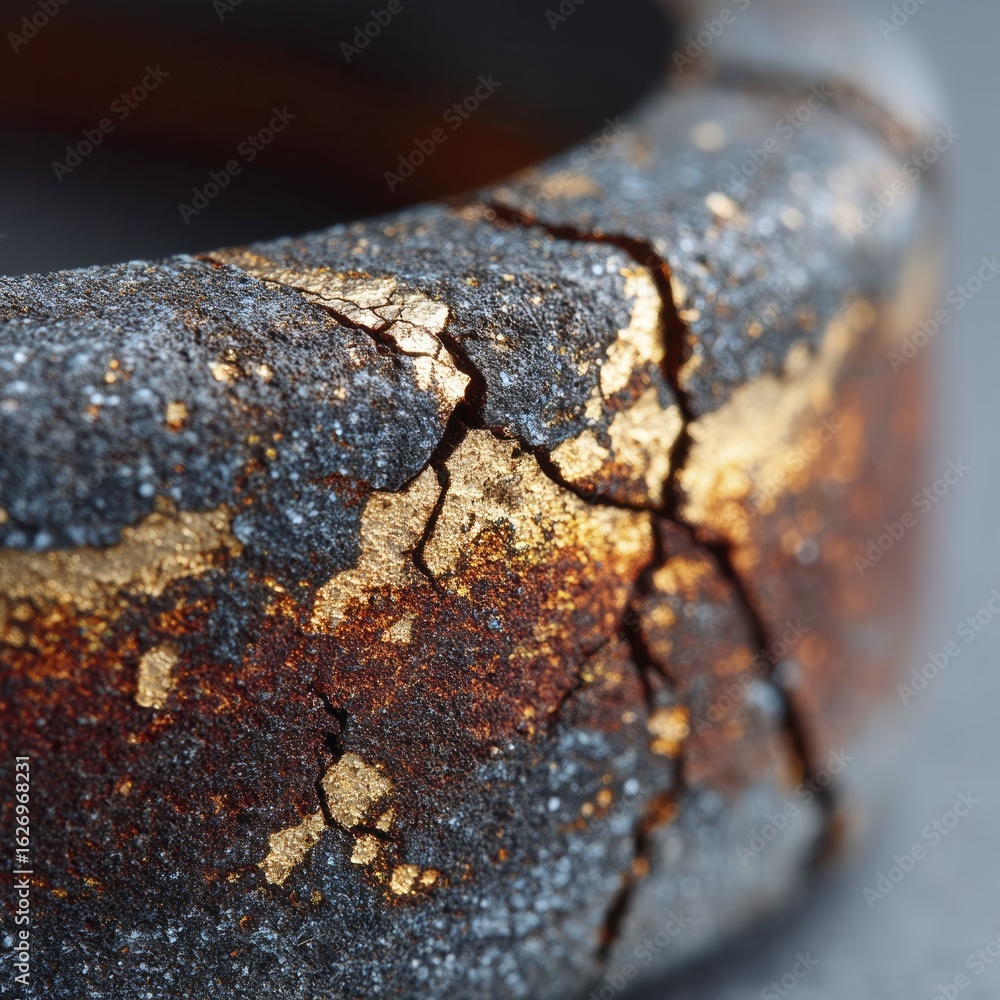 Fototapeta premium Cracked metal ring with gold flaking and rusted texture
