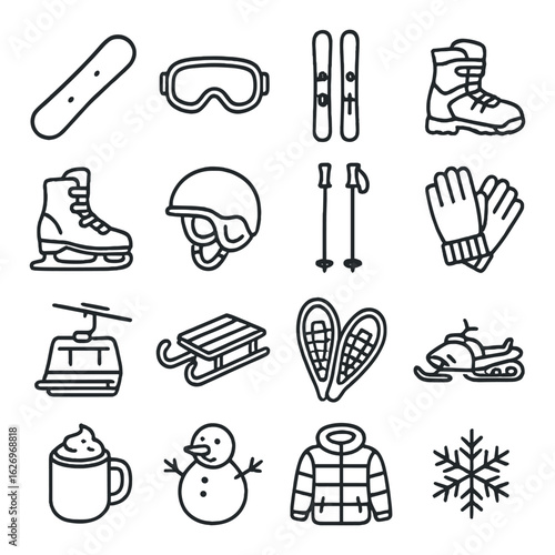 Winter sports icons: gear and activities including snowboard, skis, and sled