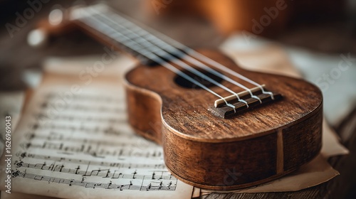 Close-up of a ukulele resting on old sheet music.  Wooden instrument with strings.  Vintage feel